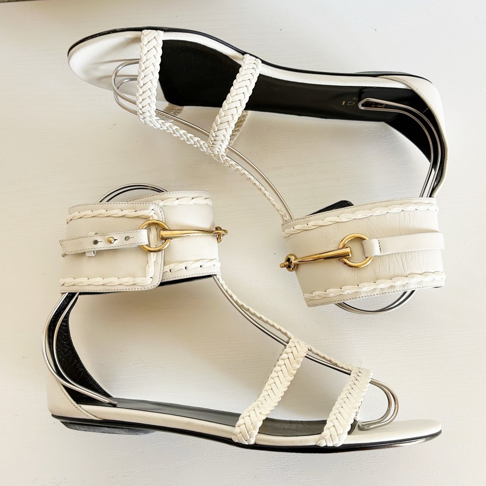Gucci Ursula White Horsebit Flat Leather Sandals Size EU 38 - Picture 5 of 14